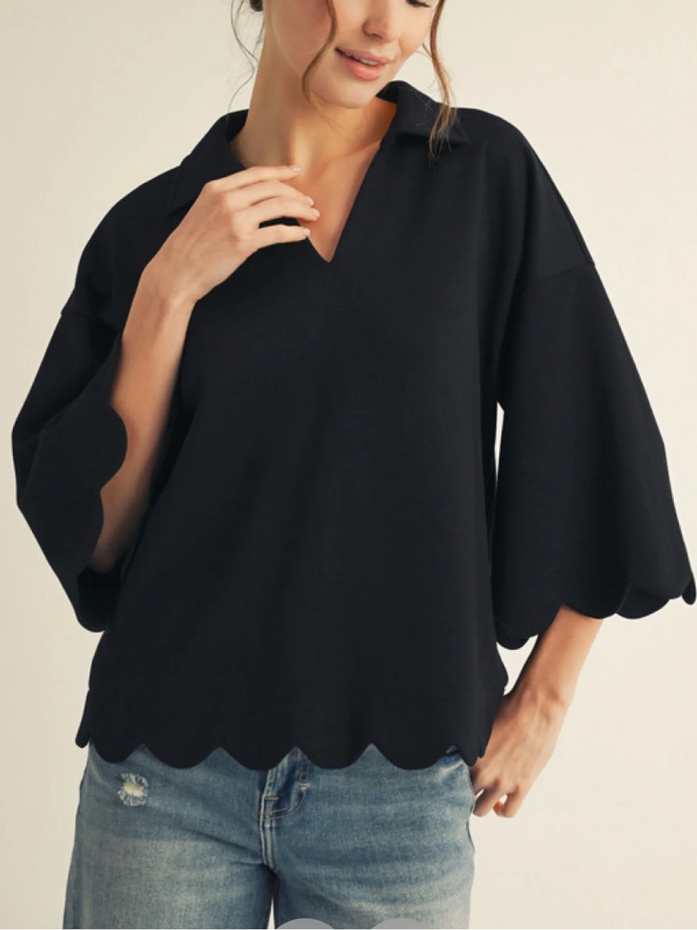 JODIFL Black Scalloped V-Neck Collared Tunic
